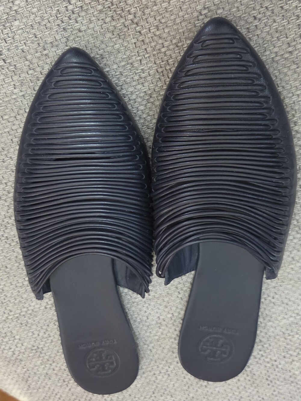 Tory Burch Sienna Black Leather Pointed Toe Woven Flat Slide Mules Size 7M - Picture 9 of 14